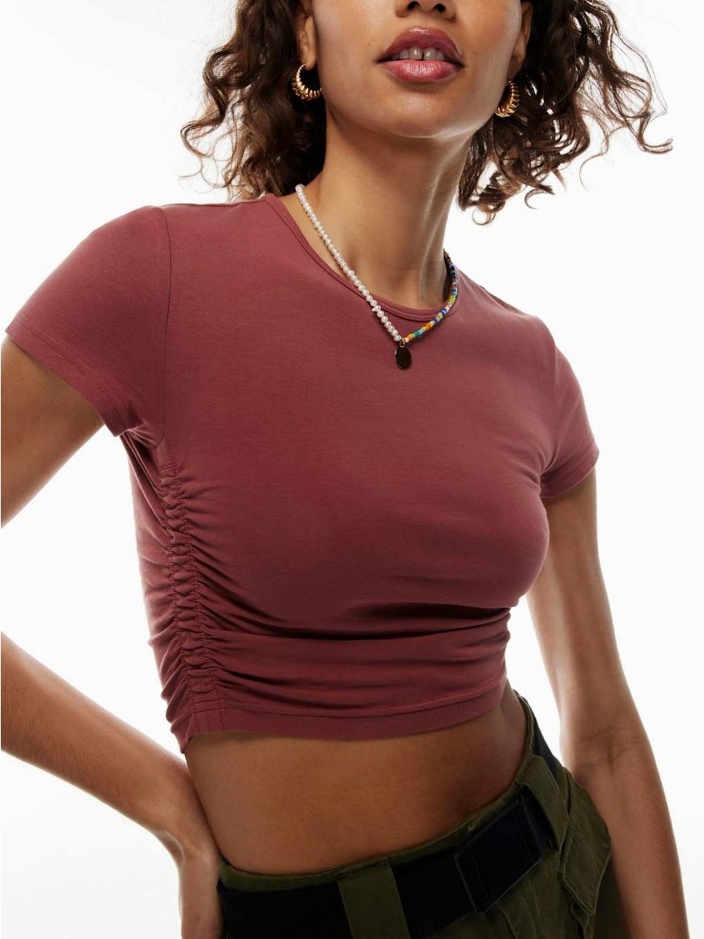 TNA| Aritzia| Red Argil Chill Malibu Cropped T-Shirt w/Ruching Sz M